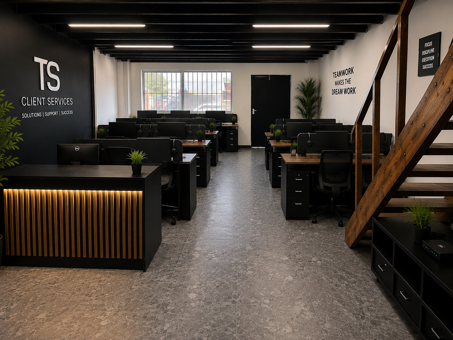 TS Client Services call centre floor with agent workstations